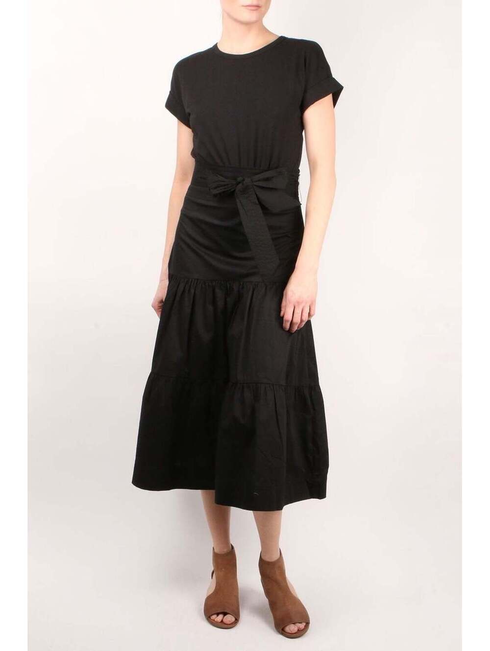 Veronica Beard Black Short Sleeve Tiered Tie-Waist Trail Dress Size S